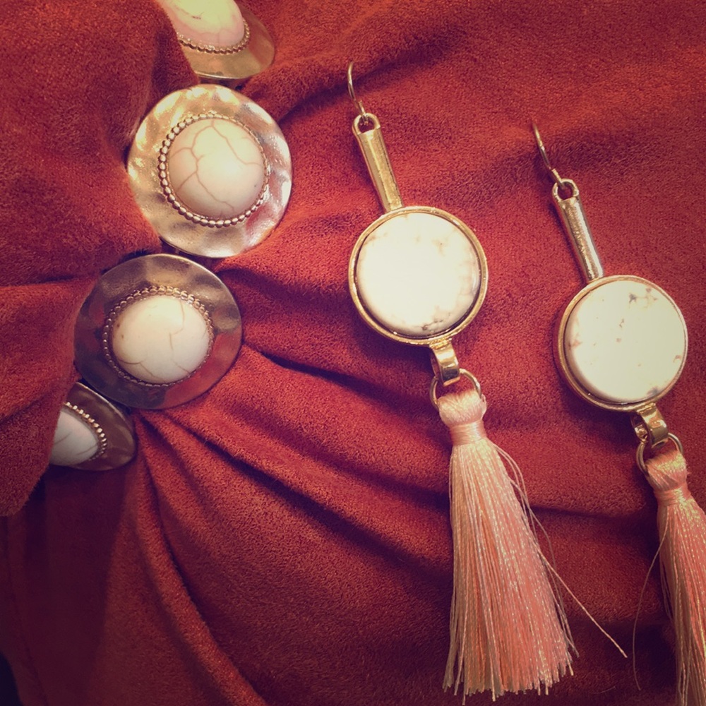 Marble Tassel earrings with matching bracelet